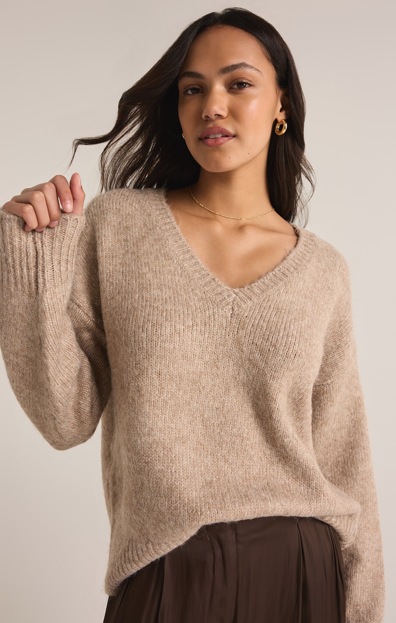 Taupe v neck sweater cheap